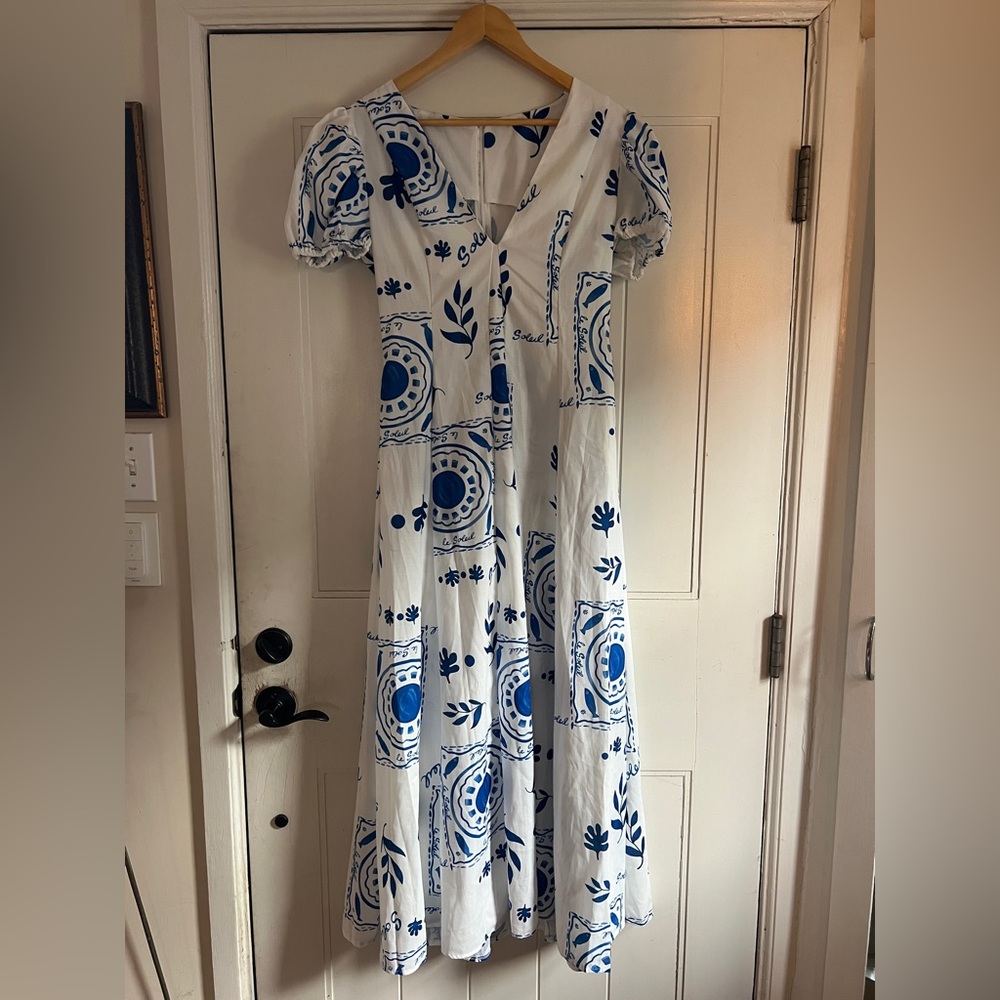 White & Blue V-Neck Floral Midi Dress